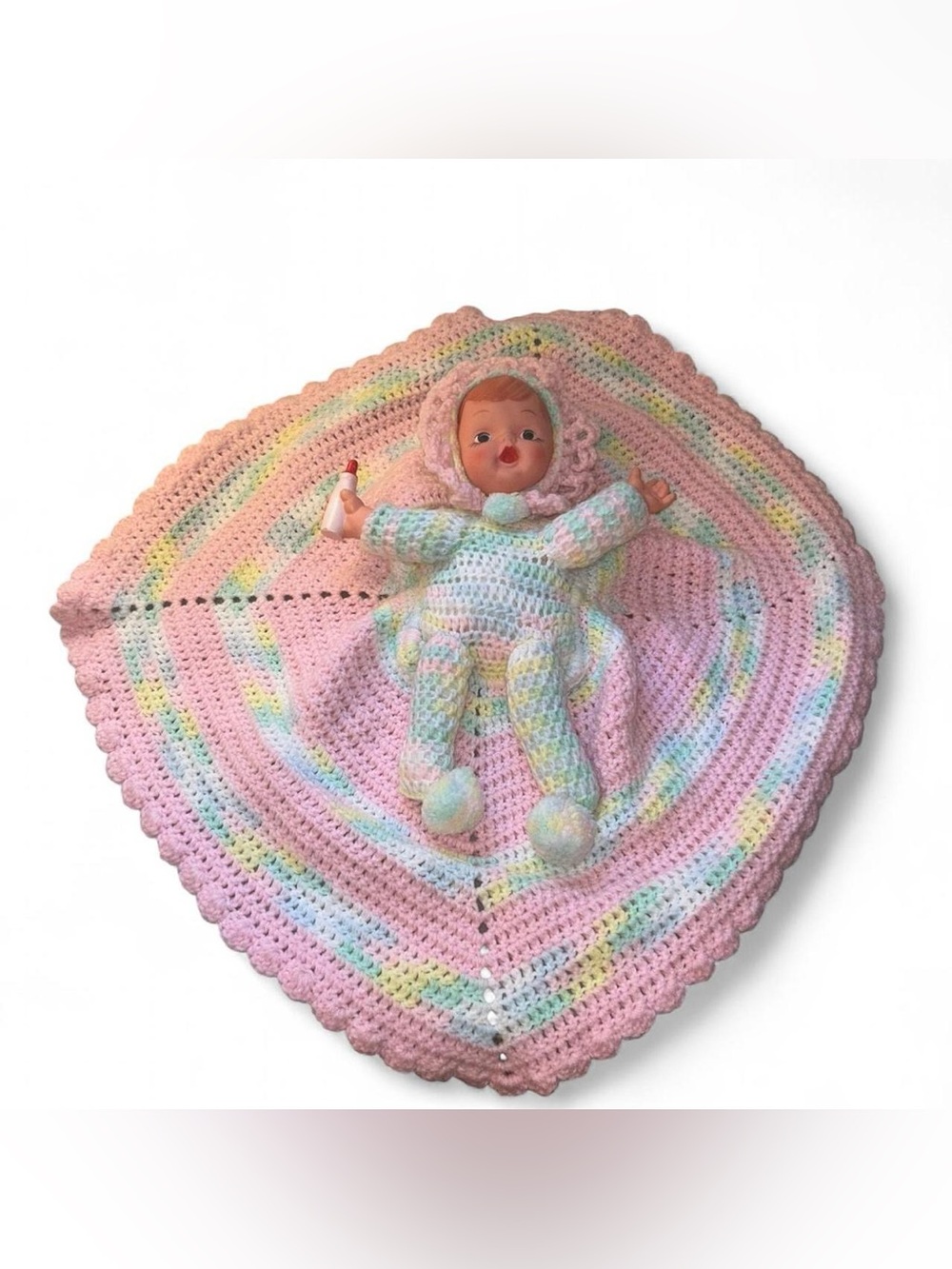 Vintage Style Pink Pastel Crochet Lullaby Baby Doll blanket